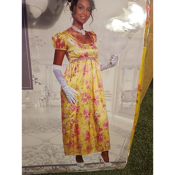 Regency Romance Parade Gown Bridgerton Costume Yellow Pink Floral Women's S/M - Picture 3 of 6